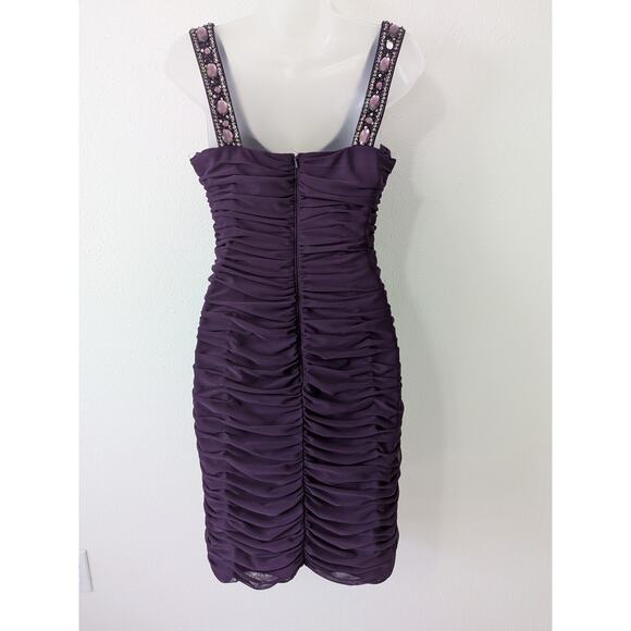 Vtg 90s Cache Size 8 Purple Bodycon Beaded Ruched Cocktail Dress Prom Event New - Picture 4 of 9